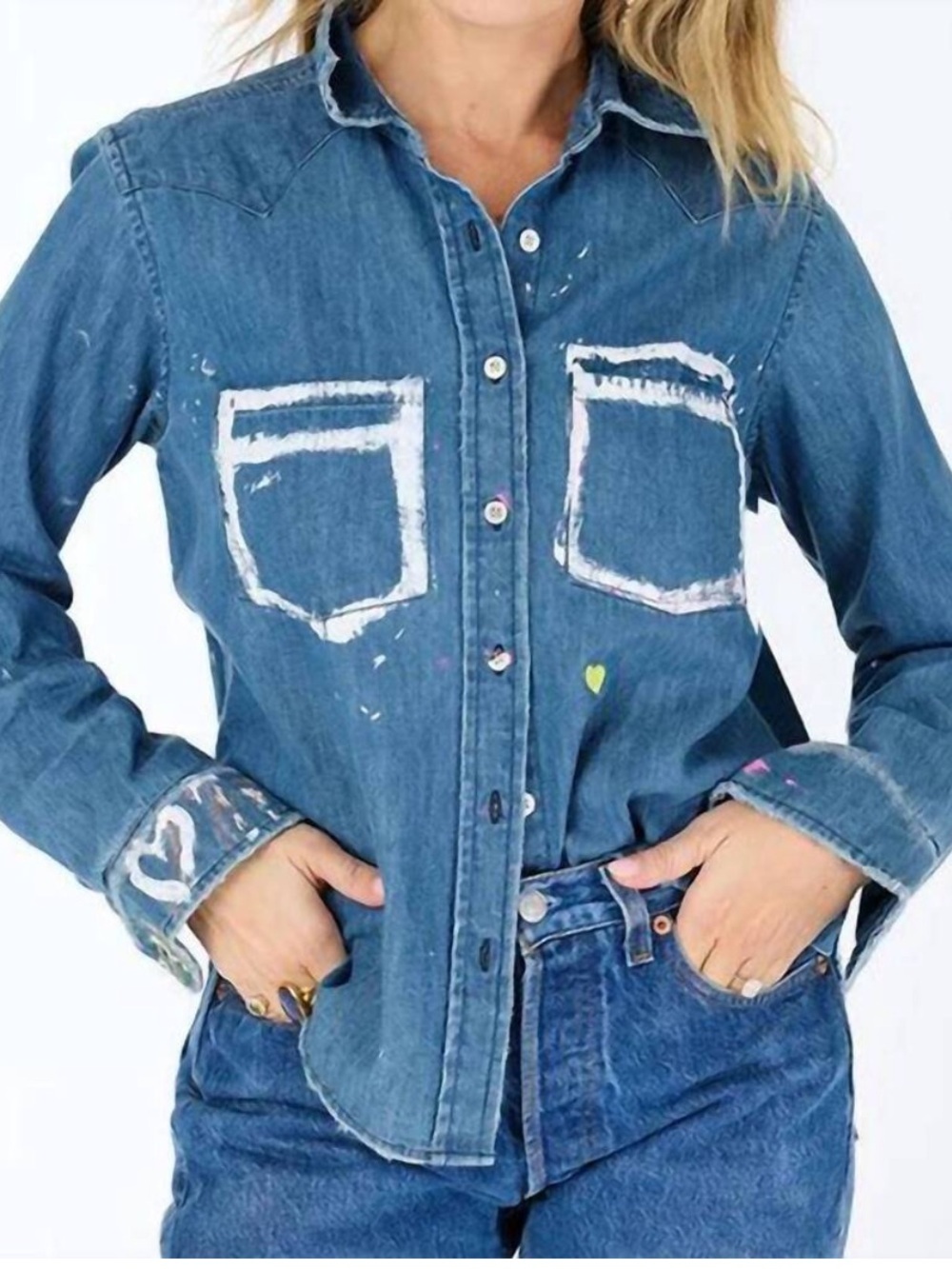 NEW KERRI ROSENTHAL pia western studio shirt in true denim small paint splatter